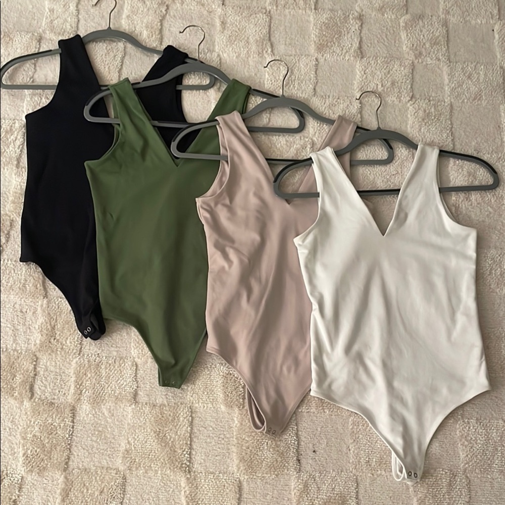 ABERCROMBIE V-Neck Bodysuit - White, Taupe, Olive, Black